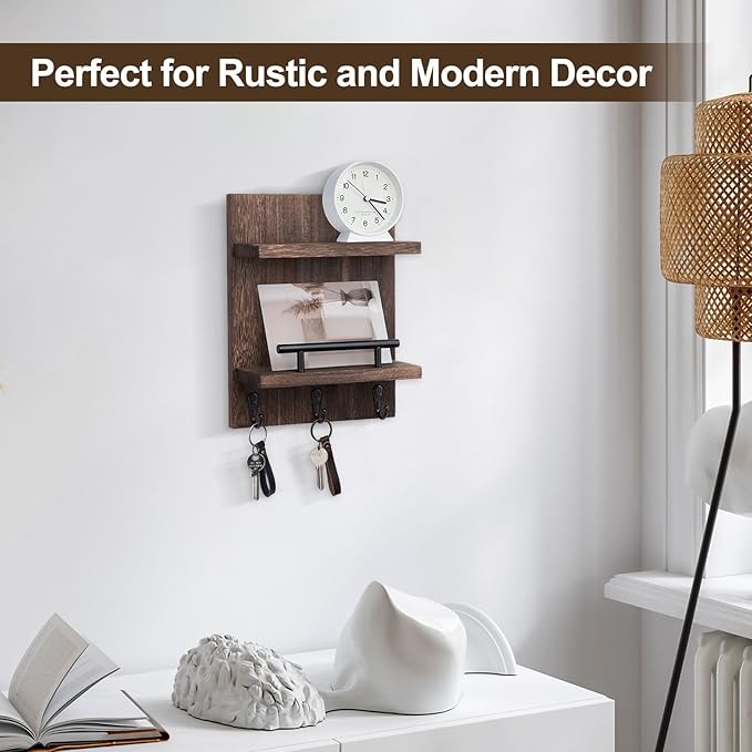 Key Holder Wall Mount, Mail Shelf Decor with 3 Key Hooks, Versatile Wood Wall Organizer for Entryway Hallway (8.2” x 10.6”x 3