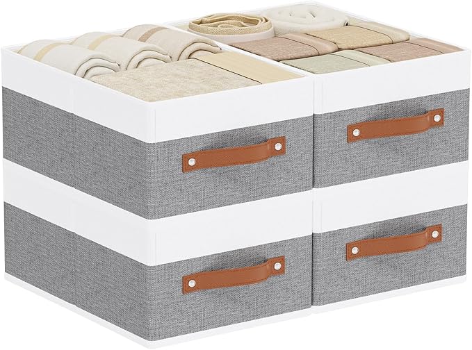 Storage Boxes, Storage Baskets with Handles, Cube Organizer Bins for Wardrobe Bedroom Laundry, 13 × 9.1 × 5.5 Inch, White and