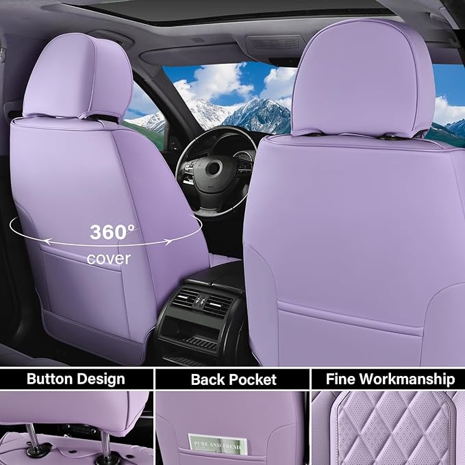 Coverado Car Seat Covers Full Set, Purple Leather Seat Covers for Cars, Luxury Front and Back Car Seat Protector, Universal W