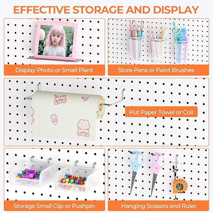 INCLY 90PCS Metal Peg Board Kit with 1/4" Pegboard Accessories, 6 Pack White Peg Board Panels, Bins, Cups and Peg Board Hooks