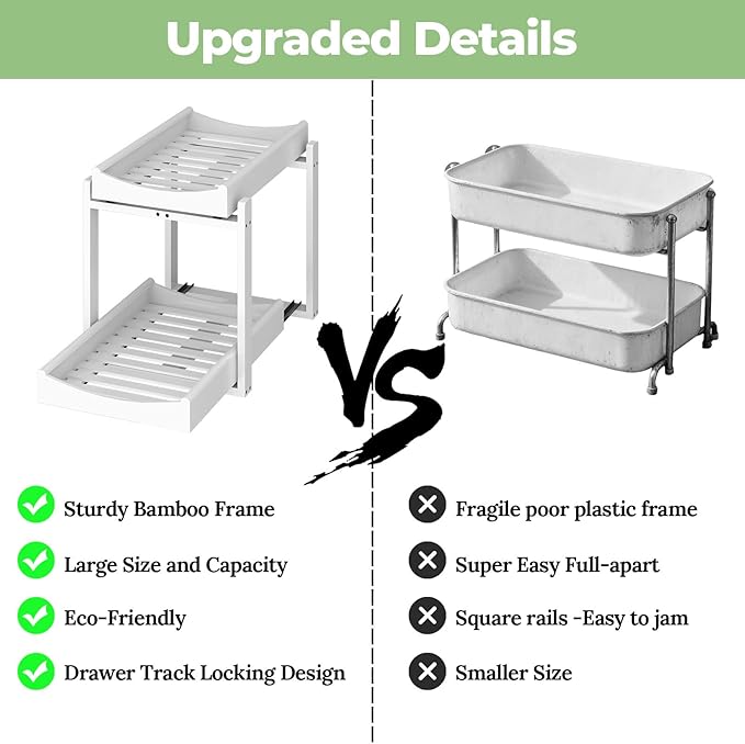 Bamboo Under Sink Organizer and Storage, 2 Pack Pull Out Cabinet Organization, 2 Tier Vertical Slide Out Undersink Storage Sh