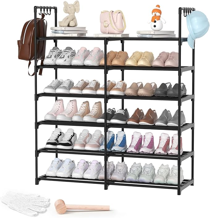 2-Row 6-Tier Stackable Shoe Rack, Black Metal Shoe Shelf with Multifunctional Hooks, Hold 24-30 Pairs, Space Saving Shoes Org