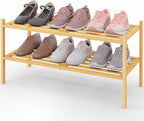 Smiry Bamboo Shoe Rack 2-Tier, Stackable Wooden Shoe Organizer for Entryway & Closet, Free Standing Wood Shoe Storage Shelf f