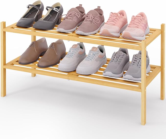 Smiry Bamboo Shoe Rack 2-Tier, Stackable Wooden Shoe Organizer for Entryway & Closet, Free Standing Wood Shoe Storage Shelf f