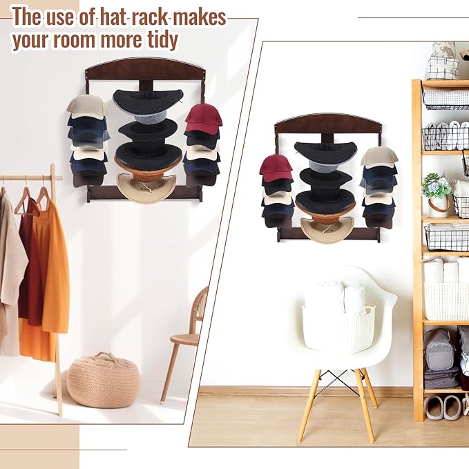 Wonderjune Wooden Hat Racks for Baseball Caps, Display Wall Mounted four Cowboy Hat Rack Baseball Cap Display Racks Wood Vert