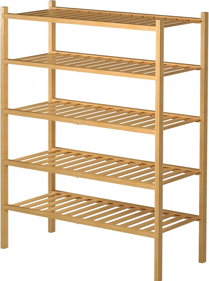 ROMGUAR CRAFT 5 Tier Bamboo Shoe Rack for Closet Free Standing Wood Shoe Shelf for Entryway Small Space Stackable 27"x11"x33"
