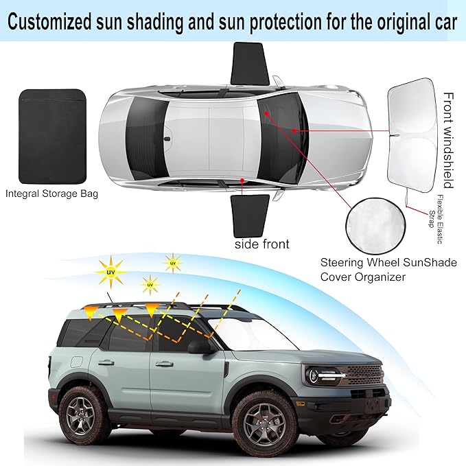 3PCS Car Window Shades Front Windshield Sun Shade Foldable Window Shade Custom Fit for Fo-rd Bronco Sport 2021-2024 Accessories Car Shades for Front Windows Anti-UV Rays Block Heat