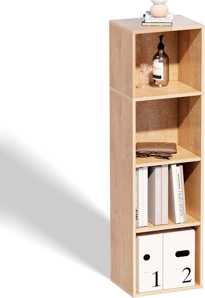 4 Cube Storage Organizer,Wooden 4-Tier Open Shelf Bookshelf,Versatile Storage Cubes for Living Room，Bedroom,Home Office (Oak,