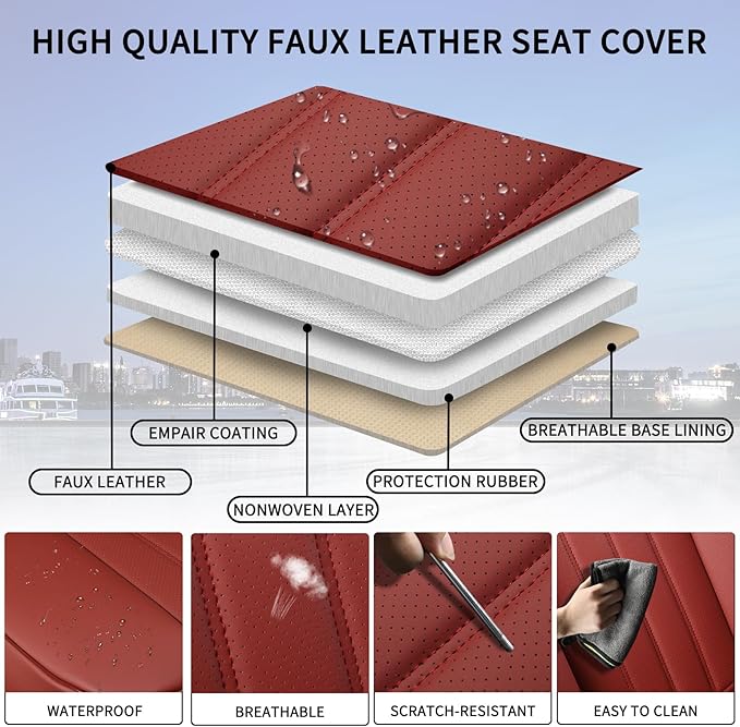 Red Car Seat Covers Full Set, Universal Leather Seat Cover for Cars 5 Seats, Waterproof and Breathable Automotive Seat Cover 