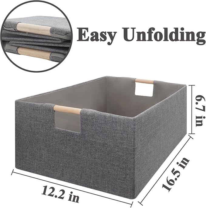 Foldable Fabric Storage Cubes, 2 Packs Cloth Storage Baskets with Wooden Handles, Collapsible Shelf Closet Organizer Bins, Re