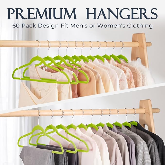HOUSE DAY Vibrant Green Velvet Hangers 60 Pack, Non Slip Clothes Felt Hanger Heavy Duty for Coat, Premium Slim Space Saving S