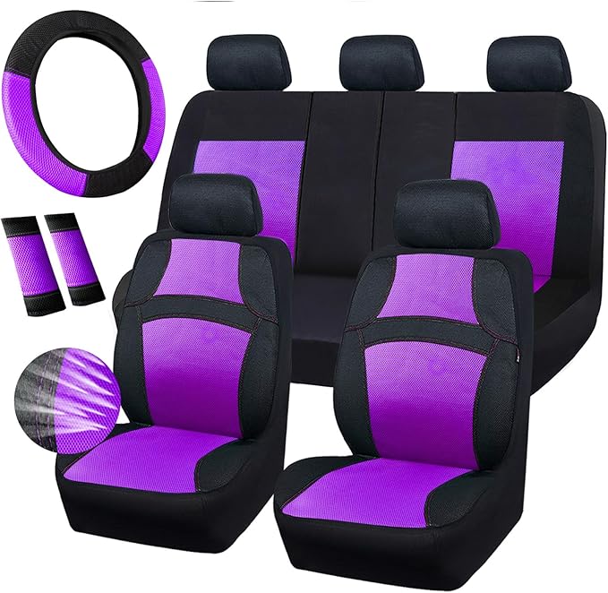CAR PASS Universal 13PCS 3D Air Mesh-100% Breathable Seat Covers Full Sets, Steering Wheel, Belt Cover Airbag and Rear Split Bench Compatible for 90% Automotive SUV Truck Cute Women Black Purple