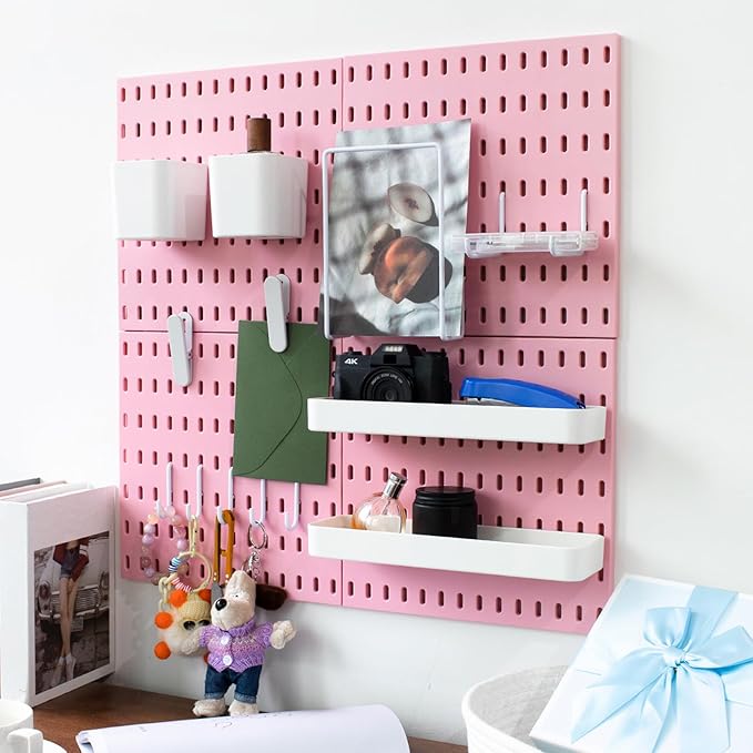 MULSAME Pegboard Combination Kit, Wall Mounted Storage Set with 4 Pegboards & 14 Accessories Hanging, Pink Peg Boards Organiz