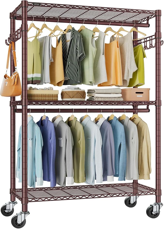 VIPEK R2 Plus Rolling Clothes Rack for Hanging Clothes Heavy Duty Clothing Rack 3 Tiers Adjustable Metal Wire Shelving Garmen