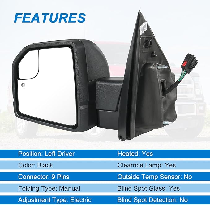 JDMSPEED Left Driver Side View Mirror Compatible with 2015-2020 Ford F150 with Heated Turn Signal Power Glass Puddle lights C