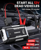 BOOKOO Portable Car Jump Starter, 4500A Jump Start Battery Pack up to 10.0L Gas/ 8.0L Diesel Engines, 12V Car Battery Jump