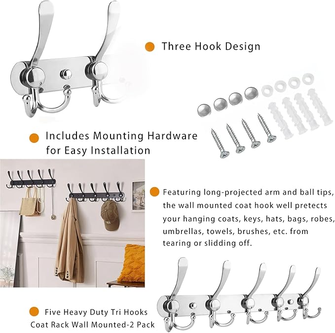 2-Pack Coat Rack Wall Mounted – Space-Saving Wall Clothes Rack, 5 Tri Hooks, Stainless Steel Entryway Organizer for Coats, Ha
