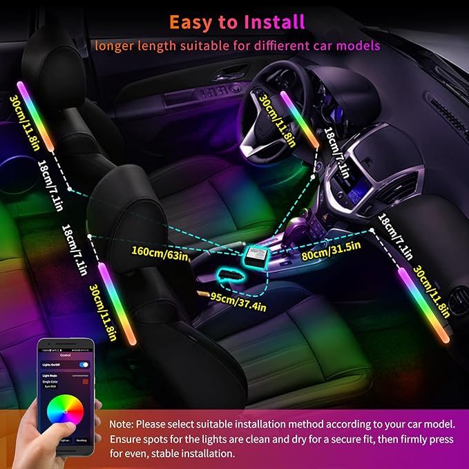 ATOTO Car LED Lights, Smart Interior Lights with App Control, 160 LEDs RGB Inside Car Lights with DIY 21 Music Modes 16 Million Color Switching-Independent Control of Front and Rear, CI-FLT01