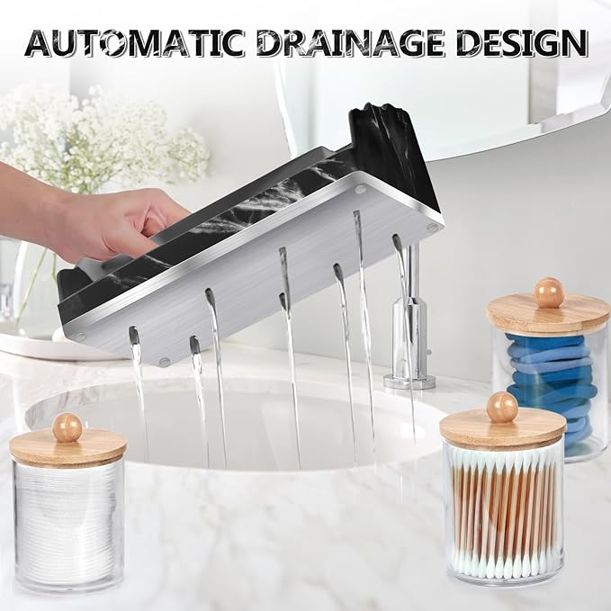 TuCao Marble Bathroom Countertop Organizer, Toothbrush Holders for Bathroom with 3PCS Qtip Holder Dispenser and Toothpaste Ho