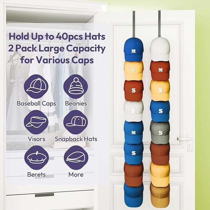 SWTYMIKI Over Door Hat Organizer - 2 Packs Metal Wall Mounted Hat Rack with 16 Hooks Design, Hanging Baseball Cap Organizer S
