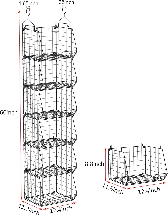 6 Tier Closet Hanging Organizer, Clothes Hanging Shelves with 4 Hanging Hooks 5 S Hooks, Wire Storage Basket Bins, for Clothi
