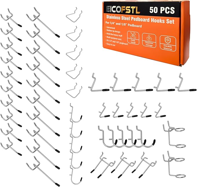 50-Piece Pedboard Hook Set, Durable Metal Hooks for Tool Hangging, Workshop, Garage and Home Organization