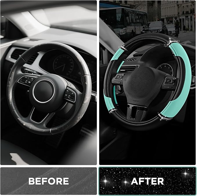 Road Comforts Leather Steering Wheel Cover - Made with PVC Leather - Anti-Slip, Universal Fit 14 1/2 inches to 15 inches - Mi