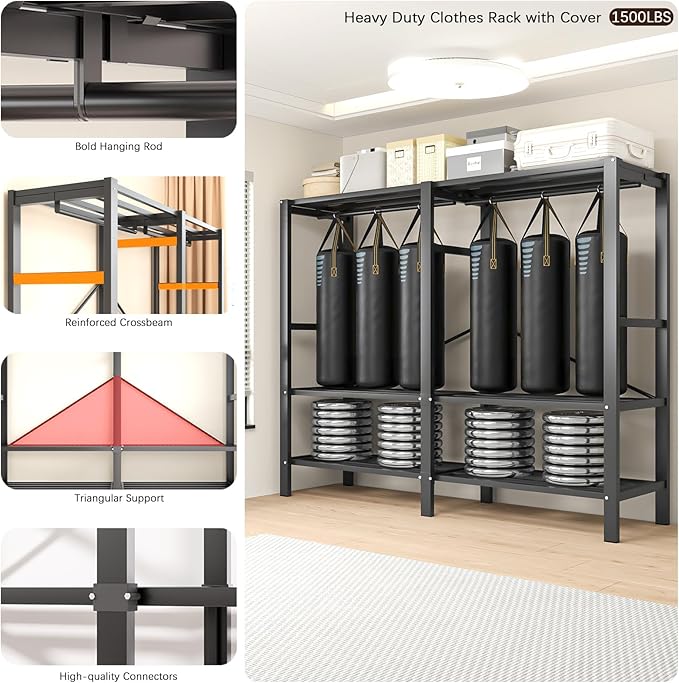 Garment Rack with Cover, Heavy Duty Portable Wardrobe Closet 2000LB, Foldable Clothe Rack with Wheel, Clothes Rack for Hangin