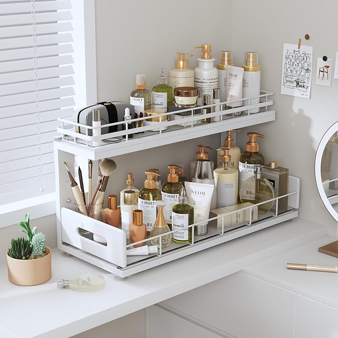 Under Sink Organizer Upgrade To Professional Rails,2-Tier Dual Pull Out Cabinet Storage,Height Adjustable Slide Out Drawers F