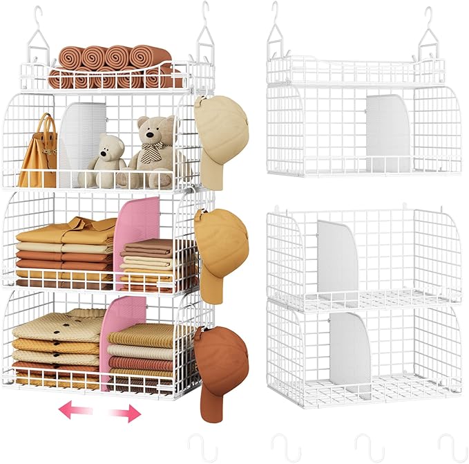 SWTYMIKI Hanging Closet Organizer Storage - 4 Tier Metal Stackable Hanging Closet Shelves with Dividers and S Hooks, Foldable