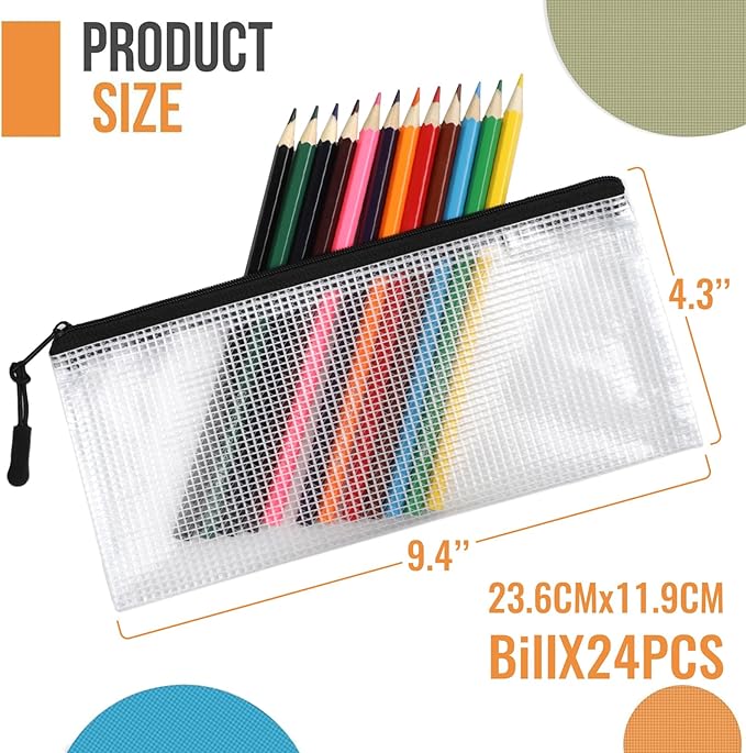 24pcs Mesh Zipper Pouch Bags 9.3 x 4.7 Inches, Black Small Clear Pouches Bulk, Travel Cosmetics Organization, Classroom and O