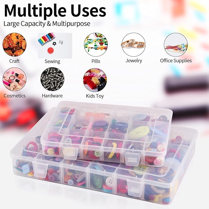 Exptolii 18 Grids Plastic Organizer Box with Dividers, Clear Compartment Container Storage for Washi Tapes Beads Crafts Jewel