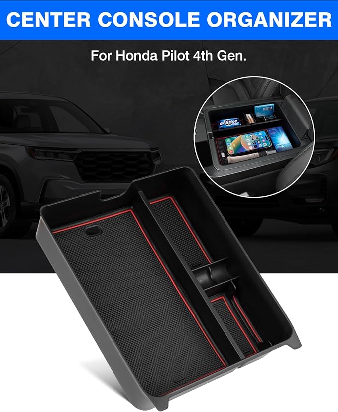 Autorder Center Console Organizer for 2023-2026 Honda Pilot,2024-2026 Ridgeline/Passport Accessories Armrest Storage Box Secondary Insert Tray with 2 Color Mats
