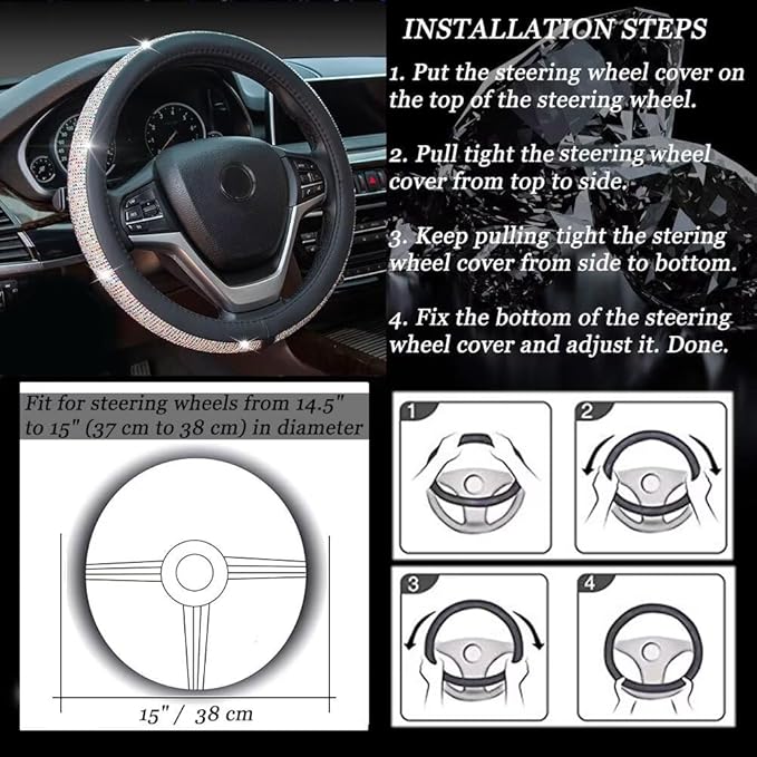 New Diamond Leather Steering Wheel Cover with Bling Bling Crystal Rhinestones, Universal Fit 15 Inch Car Wheel Protector for 