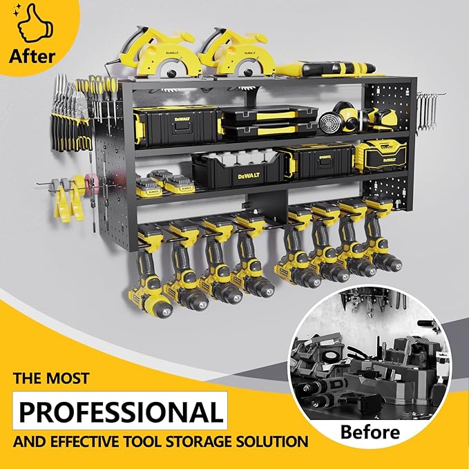 Large Power Tool Organizer Wall Mount, 4 Layer Garage Storage Cordless Tool Organizer with 8 Drills Holder, Heavy Duty Premiu