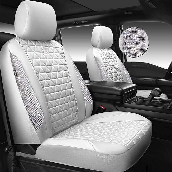 CAR PASS All White Bling Diamond Leather Car Seat Covers Full Sets,Waterproof Shining Glitter Sparkly Crystal Universal Fit f