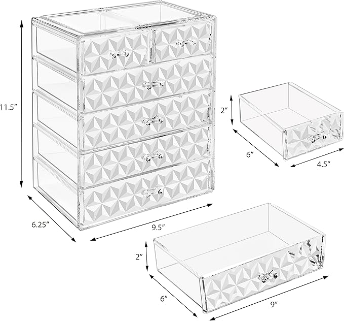Sorbus Acrylic Makeup Organizer Set, 6-Drawer Vanity & Countertop Cosmetic Storage with Small & Wide Drawers, Diamond Makeup 