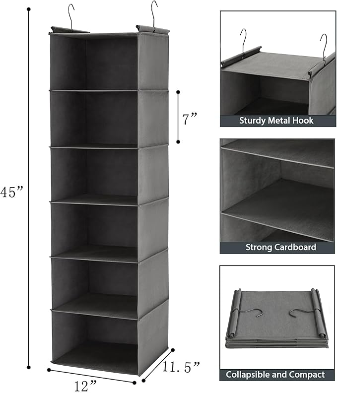 MAX Houser 6 Tier Shelf Hanging Closet Organizer, Closet Hanging Shelf with 2 Sturdy Hooks for Storage,2 Pack, Foldable (Grey