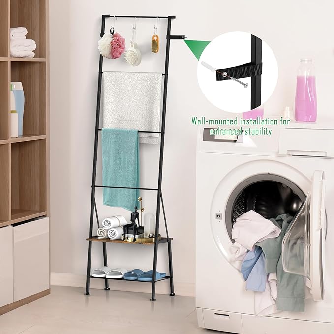 Blanket Ladder with Shelf - Blanket Rack Freestanding, Standing Towel Rack for Bathroom Living Room Bedroom, Blanket Holder w