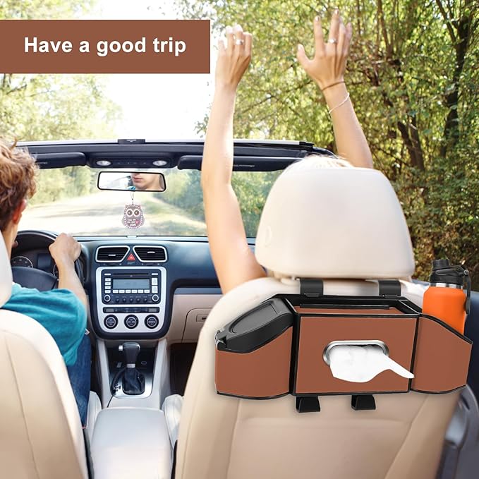 7-In-1 Car Seat Back Organizer with Cup Holders, Tissue Box, Garbage Can&Hooks, Multifunctional Headrest Storage Organizer, Headrest Cup Holder for Backseat, Car Accessories for Trips, Travels(Brown)