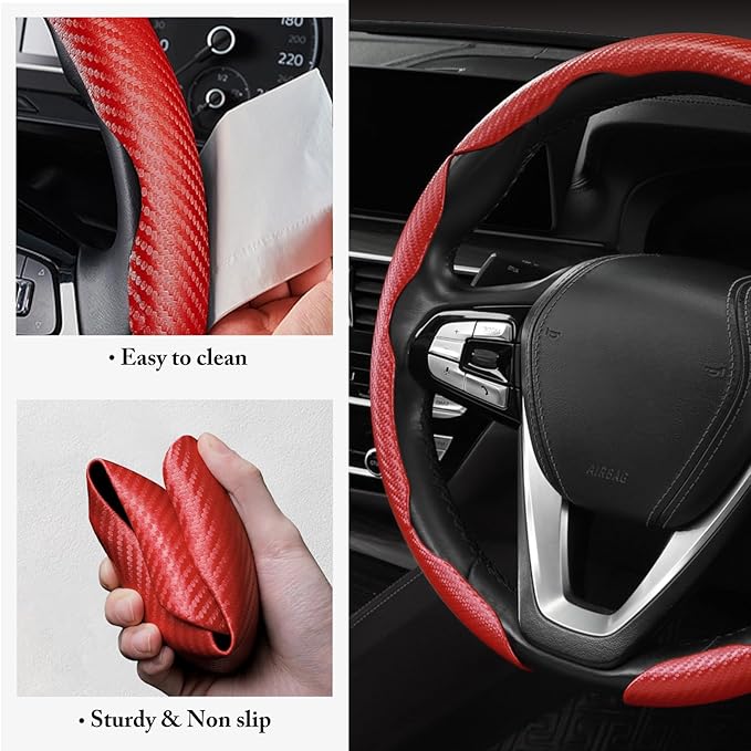 Carbon Fiber Steering Wheel Cover Anti-Slip Wrap Snap on Car