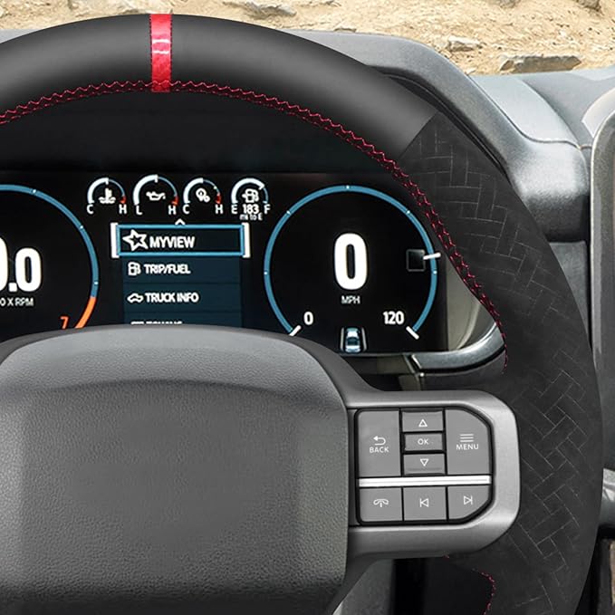 MEWANT Steering Wheel Cover for Ford F150 Lightning F350 2024 Expedition Made of Black Real Leather Embossed Athsuede