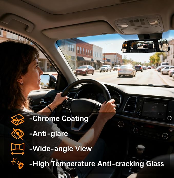 Rear View Mirror, 9.3 Inch Chrome Anti-glare Panoramic Rear Mirrors Universal Convex Car Interior Clip on Extra Big Wide Angle Rearview Mirror Extender to Reduce Blind Spot for Car SUV Truck