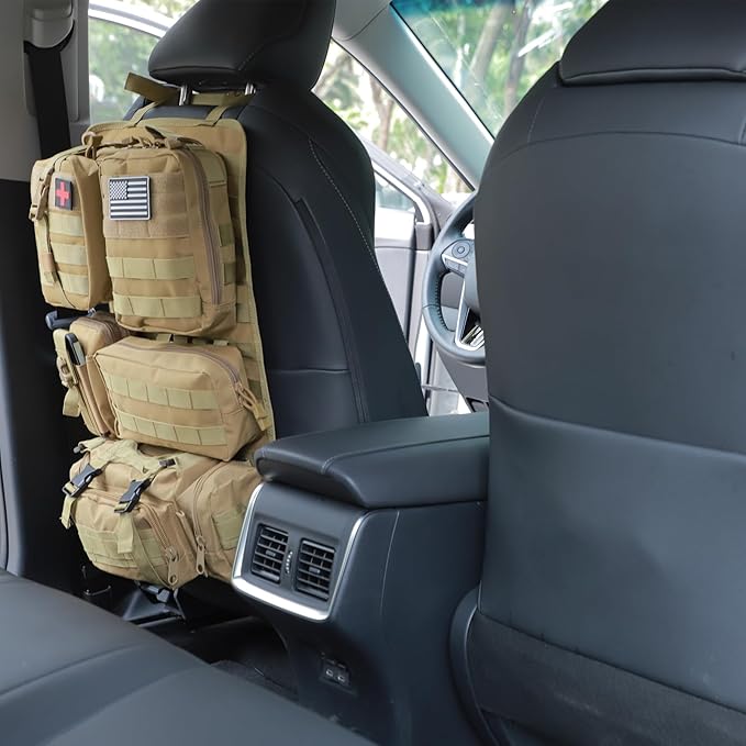 tactical car seat back organizer and storage truck seat covers with a Molle Vehicle Panel and 5 Different Size Molle Pouches for most models such as Jeep,SUV,Pickup(Khaki)