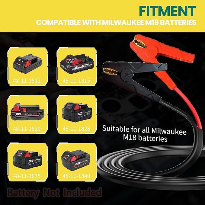 M18 Jumper Cables for Milwaukee 18V Batteries | 2FT 8AWG Booster Cable with Alligator Clips | Jump Start Cars/RVs& Charge Tools | 392°F/200°C Silicone Wire Heat Resistant (Battery Not Included)