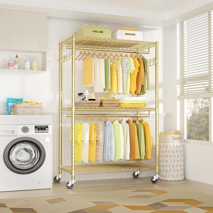 FUTASSI P1 Plus Rolling Clothes Rack, 22mm Diameter Heavy Duty Garment Rack with Wheels, Portable Closets with Shelves and Ha
