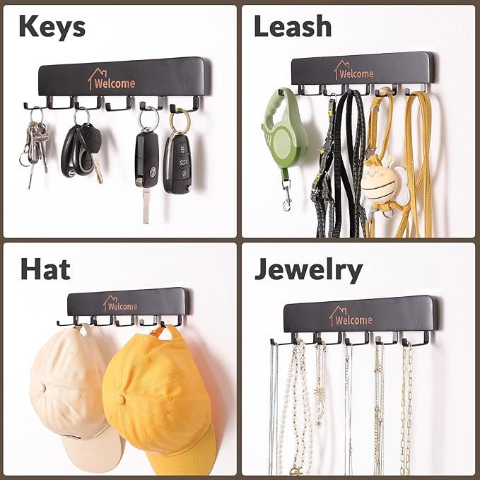 SCUNDA Wooden Key Holder with Metal Hooks,No Drill Adhesive & Screws, Wall Mount Entryway Organizer for Keys, Coats, Hats, Ru
