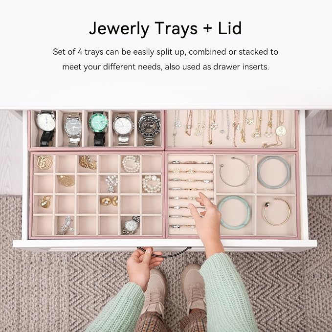 Voova Stackable Jewelry Organizer Tray with Lid, PU Leather Jewelry Storage Holder for Drawer Inserts, Jewellery Display Box 