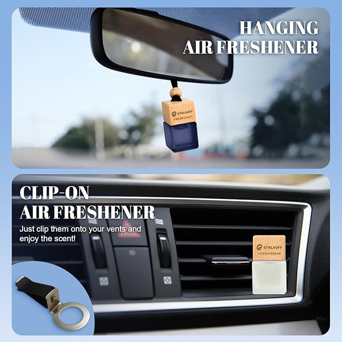 Car Air Freshener Hanging, 3 Pcs Cotton Fresh, Fresh Linen, Cardamom & Cedar, Car Scent Air Fresheners Diffuser for Car, 45+ 