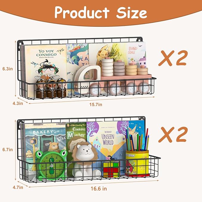 X-cosrack 4-Pack Wall Mounted Metal Kids Bookshelf, Floating Book Shelves for Kids Nursery Toddler Classroom, Hanging Book Sh